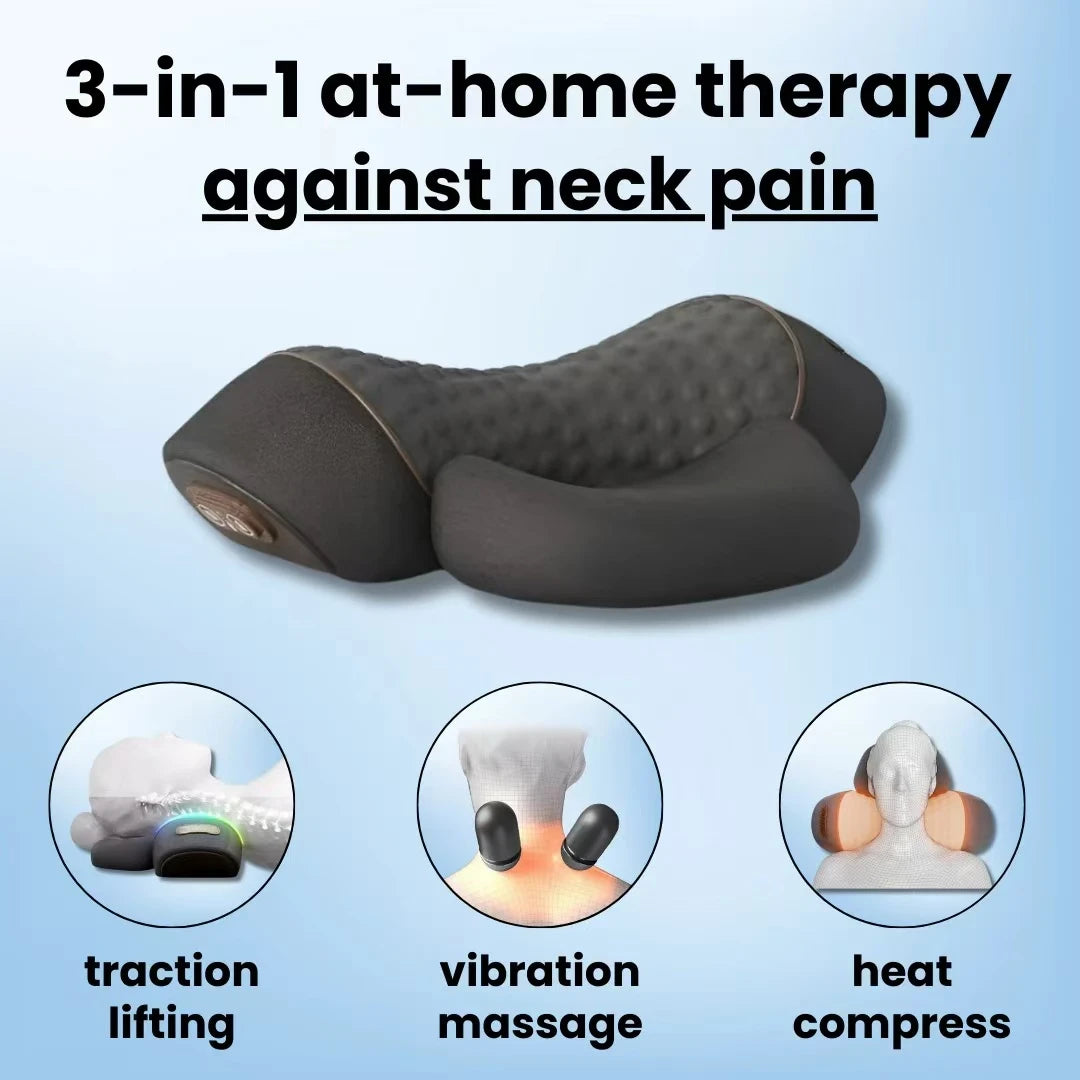 Okayso-3-in-1 Neck Massager Cervical Pillow Hot Compress Vibration Massage Neck Traction Relax Pillow Spine Support Massager